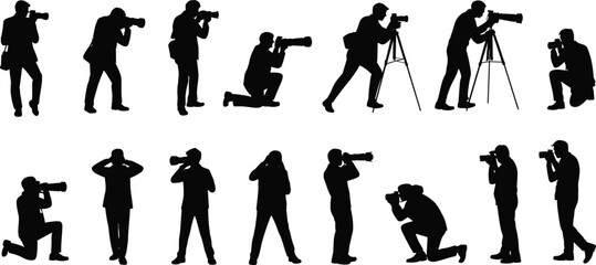 Black silhouette collection of professional photographers with cameras and tripods in various shooting poses for media journalism creative arts and paparazzi lifestyle concepts. © Parimal