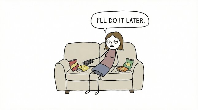Relaxed woman sitting on couch surrounded by snacks and laptop, procrastinating with remote control in hand, thinking about tasks later