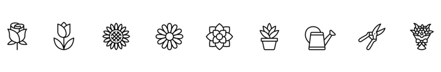Flower rose tulip sunflower daisy lotus plant pot line icon set with watering can, pruner, bouquet, simple black outline for gardening, spring, cheerful design on white