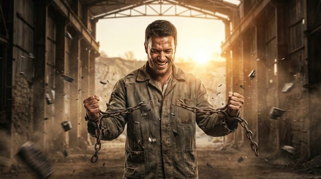 Man breaking spiritual bondage chains with power in battle against addiction concept. A man breaking free from chains, symbolizing liberation and resilience.