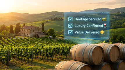 Obraz premium Expansive tuscan vineyard estate bathed in golden sunset light showcasing rows of lush green grapevines rustic wooden wine barrels stacked in the foreground and a grand stone