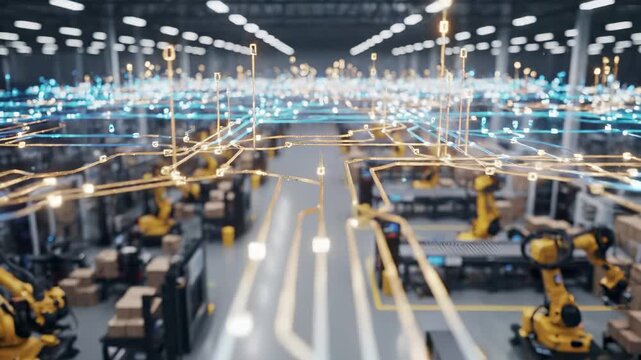 Automated warehouse with robotic arms and conveyor belts, integrated digital network nodes. Smart logistics facility ai driven systems for package sorting, distribution, real time process optimization