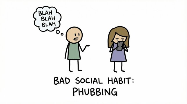 Illustration of a man talking to a woman phubbing on her phone