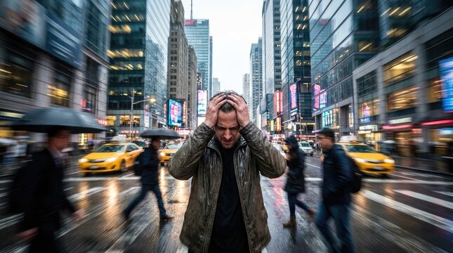 Overwhelmed individual in blurred crowd showing stress and panic anxiety concept. A man feels overwhelmed by urban chaos in a busy city street.