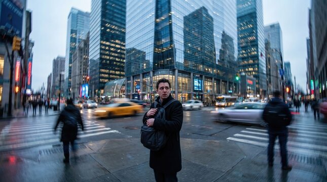 Overwhelmed individual in blurred crowd showing stress and panic anxiety concept. A man standing in the city among busy urban traffic.