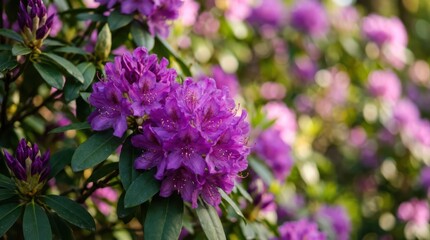 Fototapeta premium Close-up of purple rhododendron flowers in a lush garden