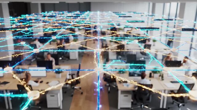 Open plan office with glowing digital network grid and connected nodes overlaid from aerial perspective. Smart workspace connectivity, corporate iot infrastructure, and data communication .