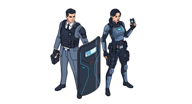 Illustration of two Indian security forces CISF personnel in uniform with a shield and technology on CISF Raising Day