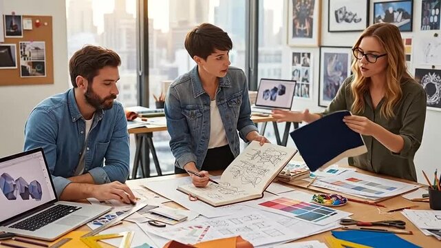 Three creative professionals, two men and one woman, collaborating and discussing ideas around a table in a modern office.