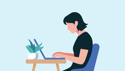 Fototapeta premium Woman working on laptop computer, remote work and freelancing concept, modern illustration