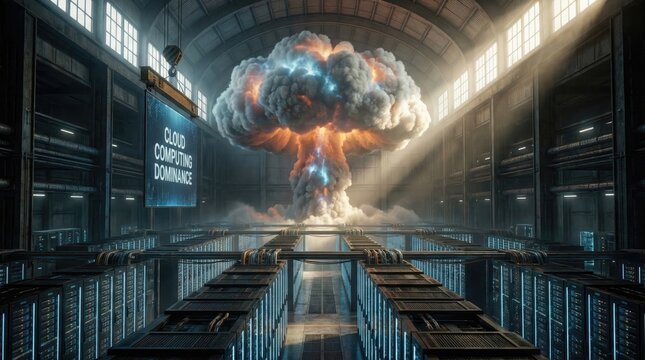 Realistic Tsar Bomba cloud as icon representing computing power in warehouse concept. A powerful explosion illuminates a vast, industrial space.