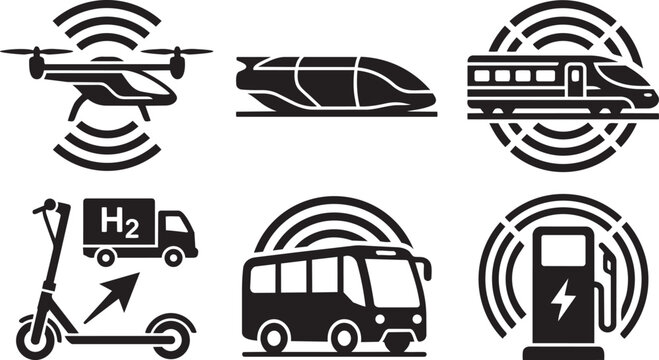 Future Mobility, Advanced Transportation and Smart Urban Transit Aerodynamic Icon Set Vector Illustration