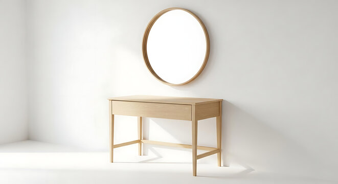 Light wooden console table with oval mirror on white wall in minimalist room