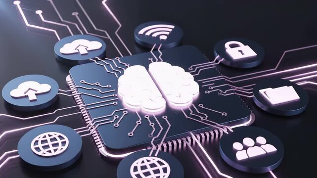 Ai brain on circuit board chip connected to cloud, wifi, security lock, globe, folder, and team icons via glowing network lines. Artificial intelligence ecosystem and smart technology integration .