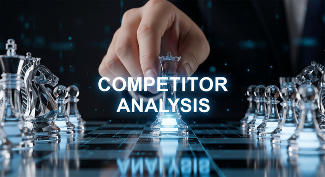 Competitor analysis business strategy concept, businessman hand moving glass chess piece on chessboard, corporate planning and market research