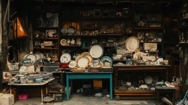 A cluttered antique shop interior. Shelves, tables, and walls overflow with dishes, art, and trinkets