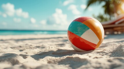 Obraz premium A vibrant beach ball resting on a sandy shoreline, symbolizing summer fun and leisure, encapsulating the joy of beach activities and relaxation.