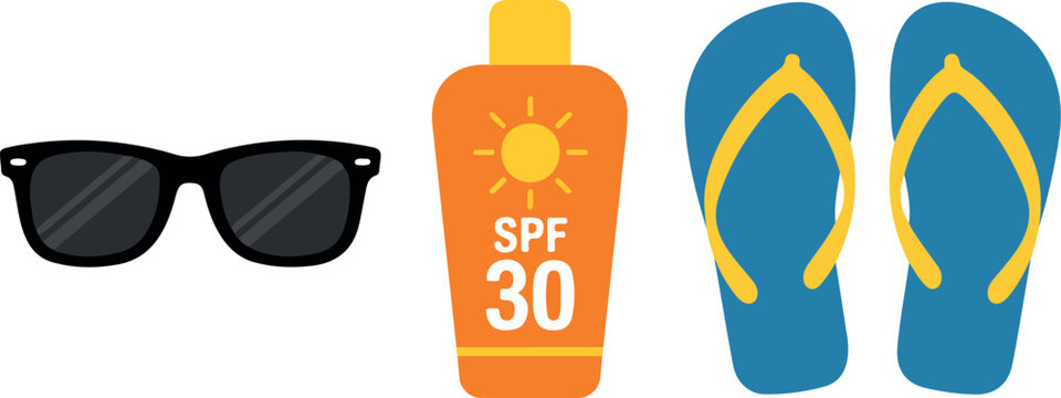 Flat vector illustration featuring essential summer items: black sunglasses, orange SPF 30 sunscreen bottle, and blue flip-flop with yellow straps on a black background