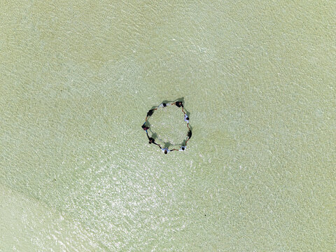 Aerial view of a small circle of objects in the middle of a light green field, Karimunjawa, Central Java, Indonesia.
