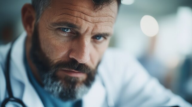 The image shows a close-up of a serious male doctor with a stethoscope, reflecting dedication and concern, emphasizing the importance of healthcare and compassion.