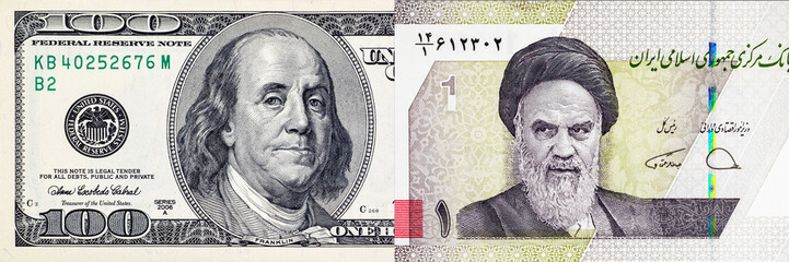 US Dollar and Iranian Rial Banknotes with portraits of Benjamin Franklin and Ruhollah Khomeini. War between the United States and Iran.