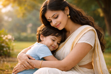 Loving Mother Embracing Child Outdoors Warm Family Bond Portrait