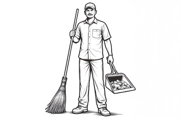 Sanitation Worker Holding Broom and Dustpan Black and White Line Art Illustration