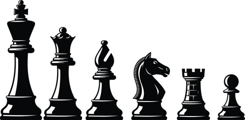Black silhouette chess pieces king queen bishop knight rook pawn on white game strategy © MdMoziburRahman