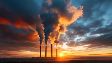 Fototapeta premium Dramatic clouds light up in vibrant colors at sunset, framed by industrial smokestacks, evoking a mixture of beauty and environmental concern in this powerful image.