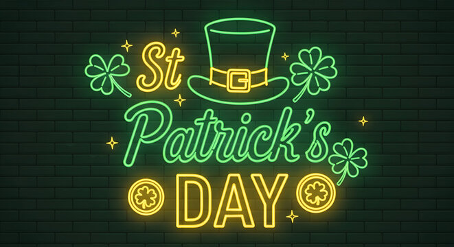 St patrick's day neon sign with shamrocks and leprechaun hat