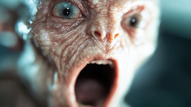 A close-up of a bizarre alien creature with exaggerated features expressing a fierce emotion, evoking intrigue and curiosity about extraterrestrial life and imagination.