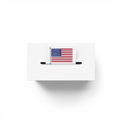 A small american flag displayed on a white shelf with black supports