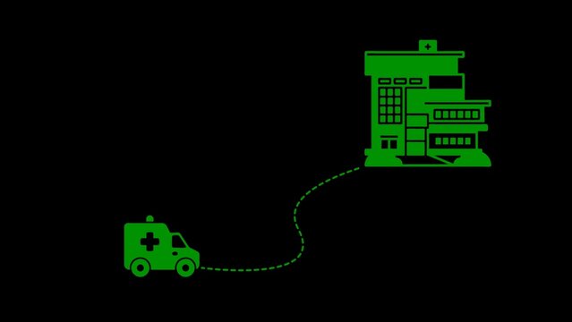 Green ambulance driving to hospital building with dotted line