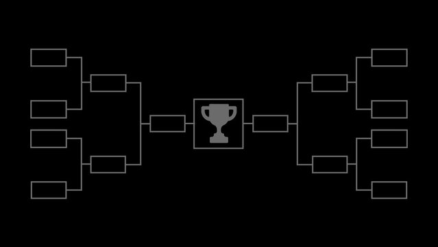 Gray tournament bracket chart with trophy on black background white