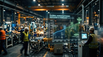 Naklejka premium Industrial factory floor with global manufacturing outlook chart for 2027. 2027 production forecast concept.