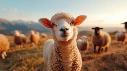 Fototapeta premium A curious sheep stands in focus amidst a flock in a tranquil pastoral landscape at sunset, showcasing the beauty of nature and farm life.