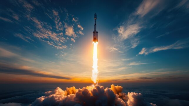 A powerful rocket launches into the sky with a trail of fire and smoke against a stunning sunset backdrop, symbolizing ambition, exploration, and technological advancement.
