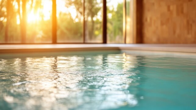 A serene indoor swimming pool illuminated by warm, golden sunlight streaming through large windows, enveloping the space in a peaceful ambiance.