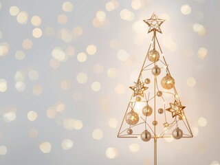 A beautifully decorated gold christmas tree with star ornaments and a star on top.