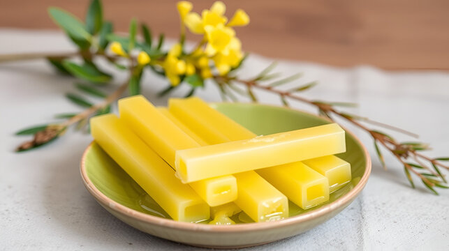 Sticks of unmelted citronella wax on a natural green plate with a plant sprig in background