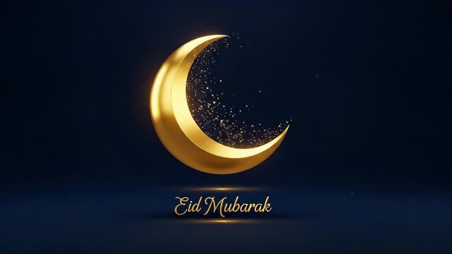 Lustrous 3D Golden Crescent Moon with Shimmering Particles and Eid Mubarak Typography Representing Celestial Elegance for Islamic Holiday Greetings