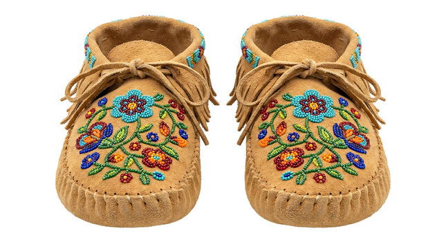 Native American Beaded Moccasins with vibrant floral patterns, authentic handcrafted Indigenous deerskin footwear, showcasing traditional art and culture from North America on white studio background.