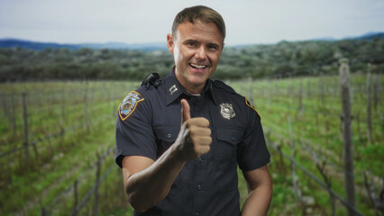 Fototapeta premium Man police officer smiling and giving thumbs up while displaying badge and shoulder radio in studio against a vineyard backdrop; public trust.