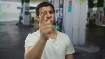 Obraz premium Man in white shirt frowns and extends hand gesture toward petrol pump at building; invitation greeting.