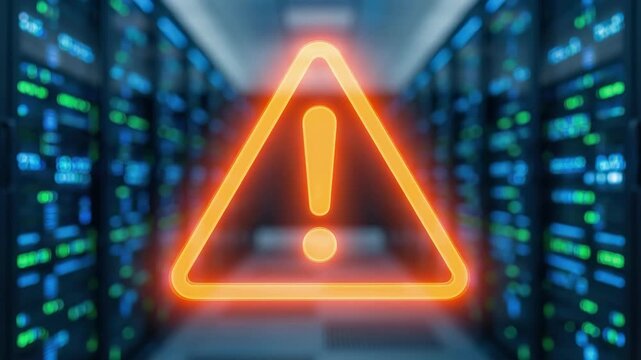 Glowing warning triangle with exclamation mark hovers in a server room corridor lined with rack mounted equipment. Critical cybersecurity alert and data center system failure .