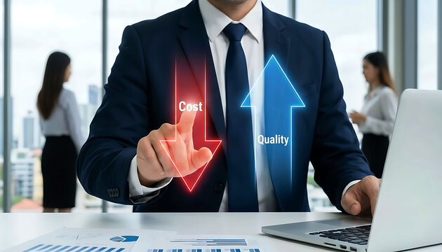 Businessman pointing at down arrow for cost and up arrow for high quality service