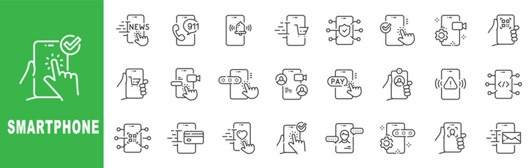 Fototapeta premium Smartphone line icon set featuring mobile apps, notifications, payment, security, chat, QR scan and editable stroke outline symbols.