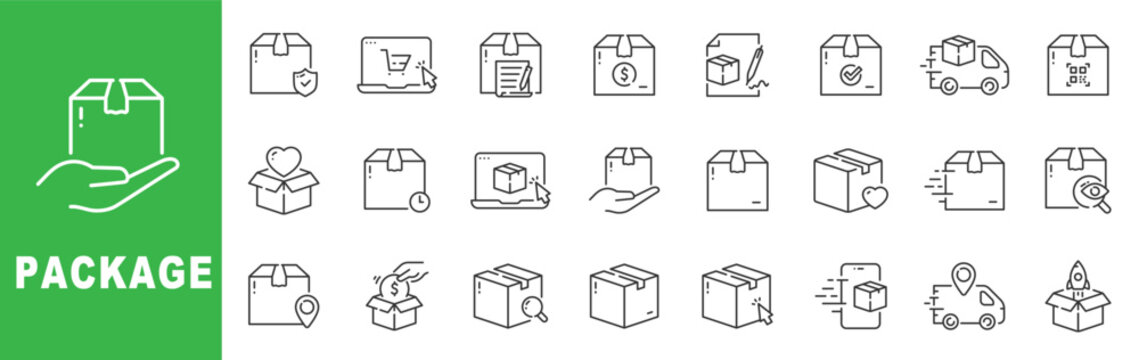 Package and delivery outline icon set featuring parcel box, shipping truck, tracking, secure packaging, logistics and ecommerce fulfillment vector design.