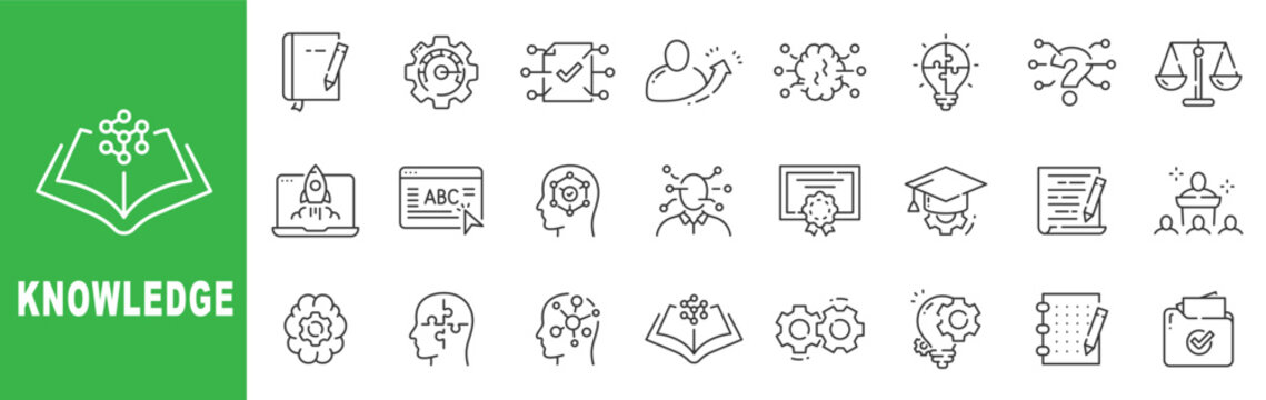 Knowledge outline icon set featuring learning, education, expertise, innovation, certification, editable stroke vector design for academic and business use.