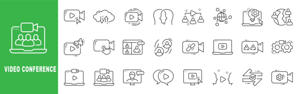 Video conference line icon set featuring online meeting, livestream broadcast, webinar communication and editable stroke outline symbols.